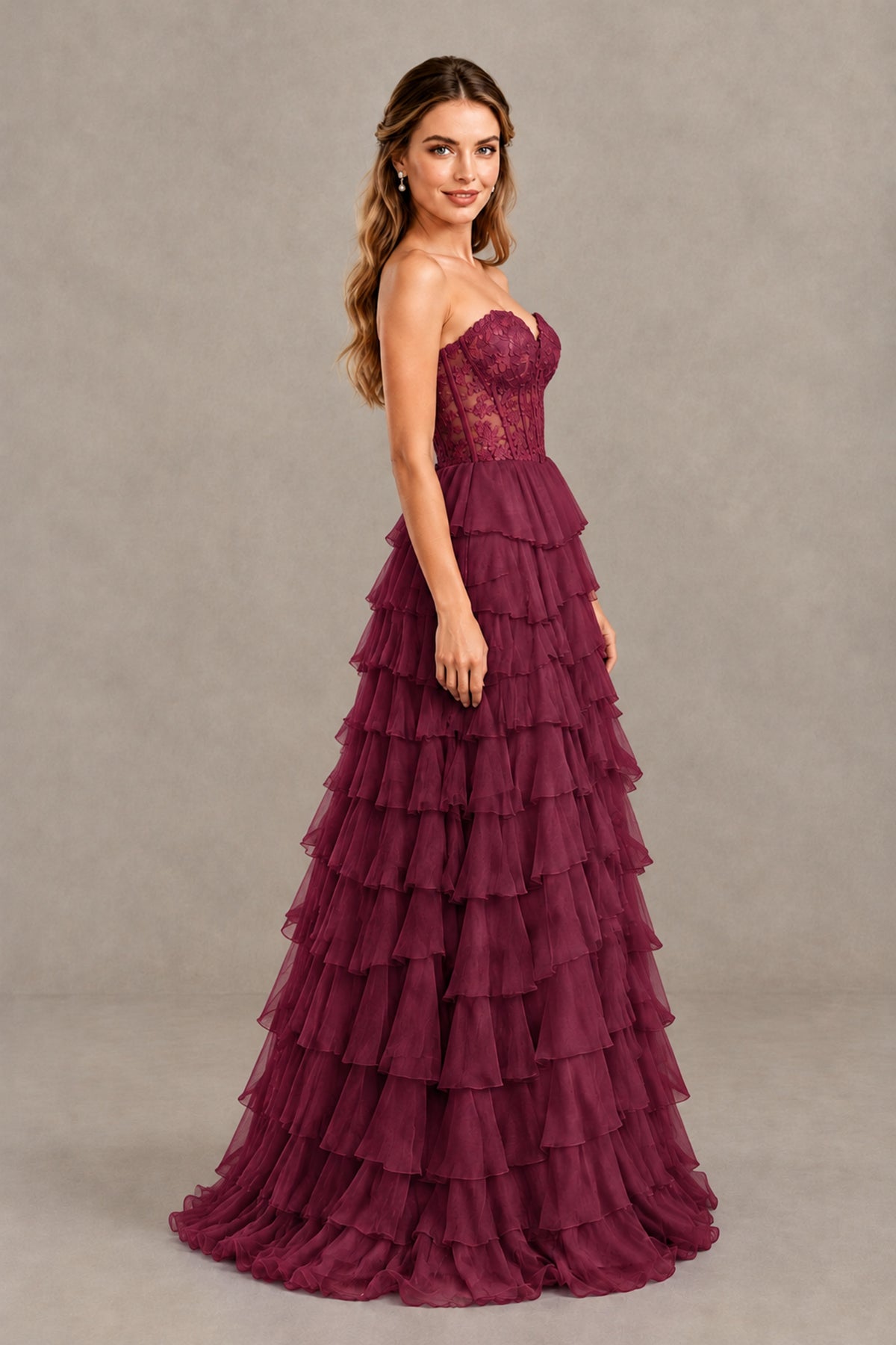 BOLODOO Desert Rose Strapless Lace Corset Tiered Ruffle Prom Dress with Slit - Desert Rose - Desert Rose (3)