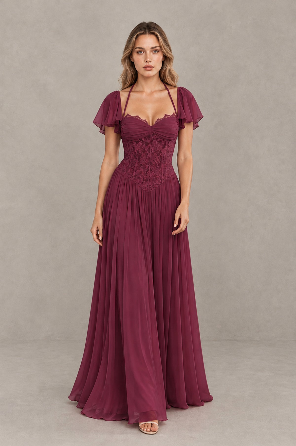 BOLODOO Desert Rose Flutter Sleeve Lace Corset A-Line Maxi Dress - Desert Rose - Desert Rose (3)