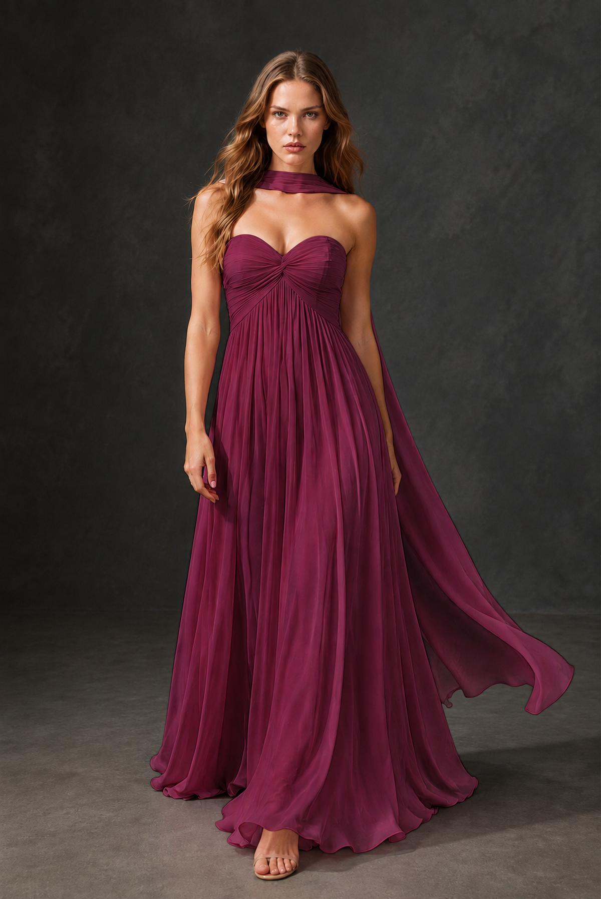 BOLODOO Desert Rose Sweetheart Strapless Twist Knot Detached Halter Scarf Lace-Up Back Empire Waist Chiffon Maxi Dress - Desert Rose