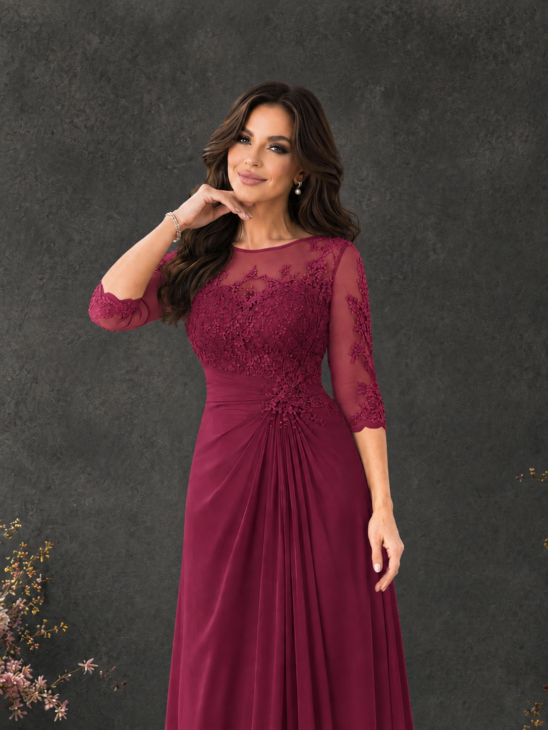 BOLODOO Desert Rose Chiffon Lace Illusion Neckline 3/4 Sleeve Floor Length Formal Gown - Desert Rose
