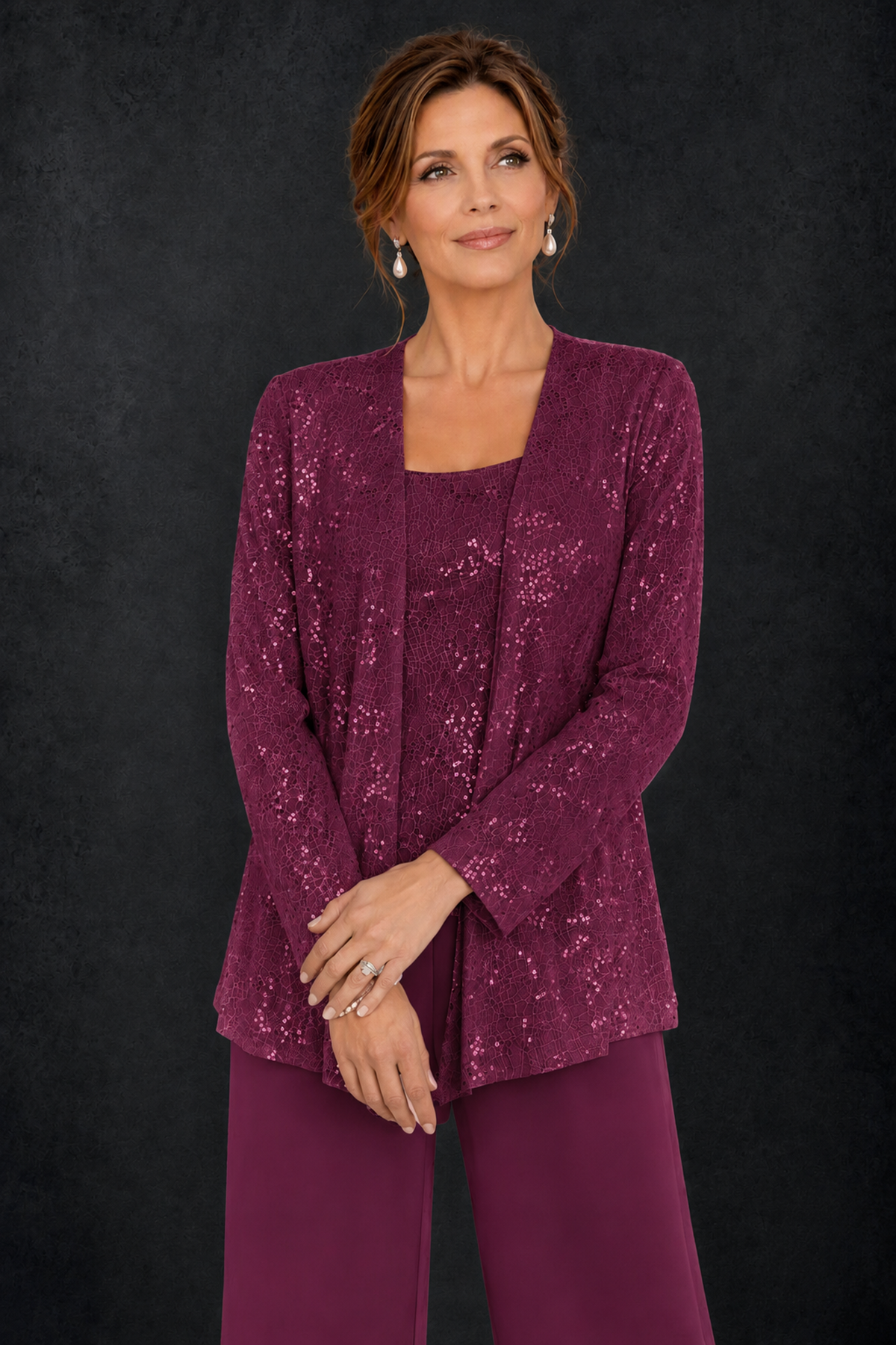 BOLODOO Desert Rose Sequin Lace 3-Piece Pant Suit with Long Sleeve Jacket - Desert Rose - Desert Rose (3)
