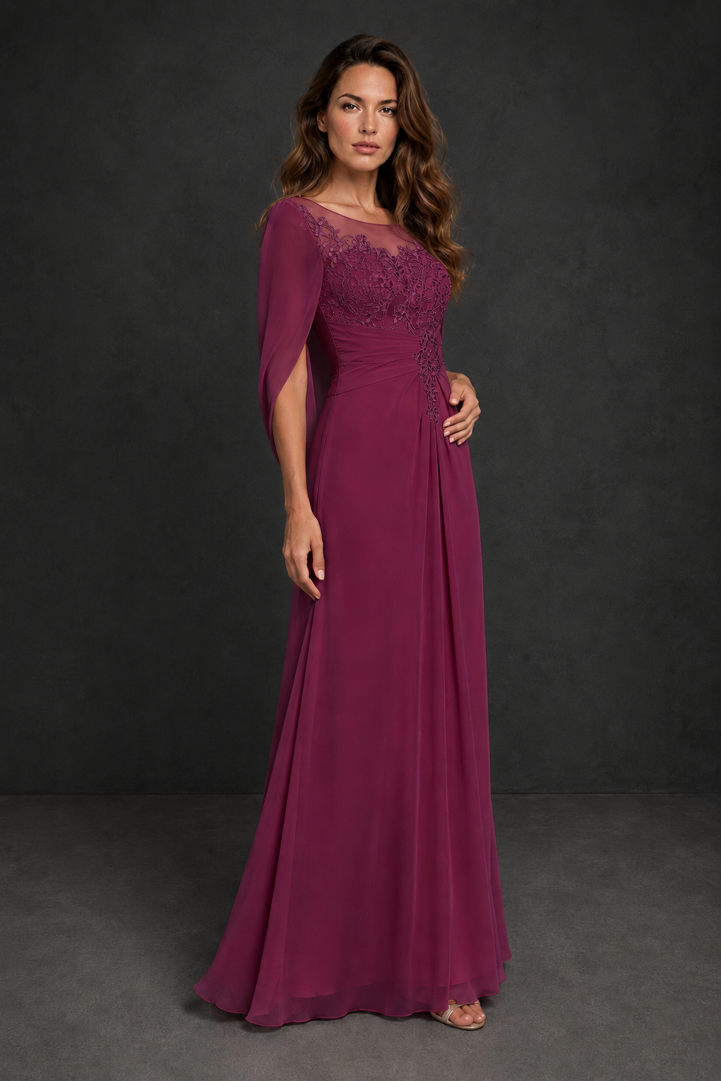 BOLODOO Desert Rose Illusion Lace One-Side Cape Sleeve Beaded Chiffon Floor Length Gown | Mother of the Bride Evening Dress - Desert Rose