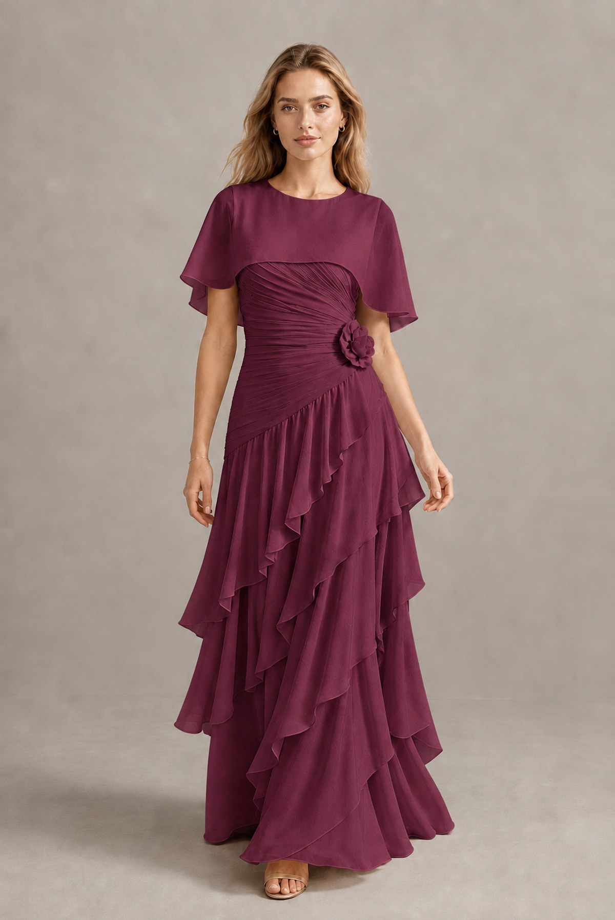 BOLODOO Desert Rose Chiffon Flutter Sleeve Tiered Maxi Dress with 3D Rosette - Desert Rose