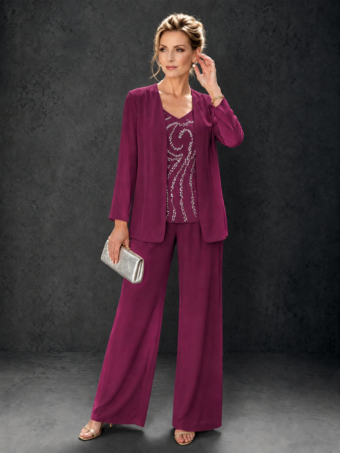 BOLODOO Desert Rose 3-Piece Mother of the Bride Pant Suit with Beaded Top & Chiffon Jacket - Desert Rose
