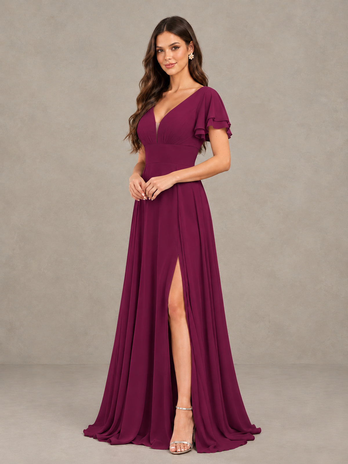 BOLODOO Desert Rose Flutter Sleeve Chiffon A-Line Maxi Bridesmaid Dress with Open Back & Slit - Desert Rose - Desert Rose (3)