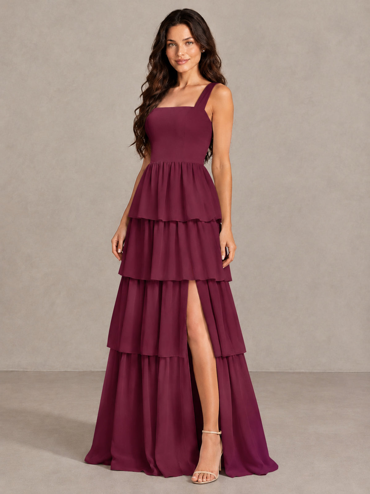 BOLODOO Desert Rose Square Neck Tiered Bridesmaid Dress with Slit - Desert Rose - Desert Rose (3)