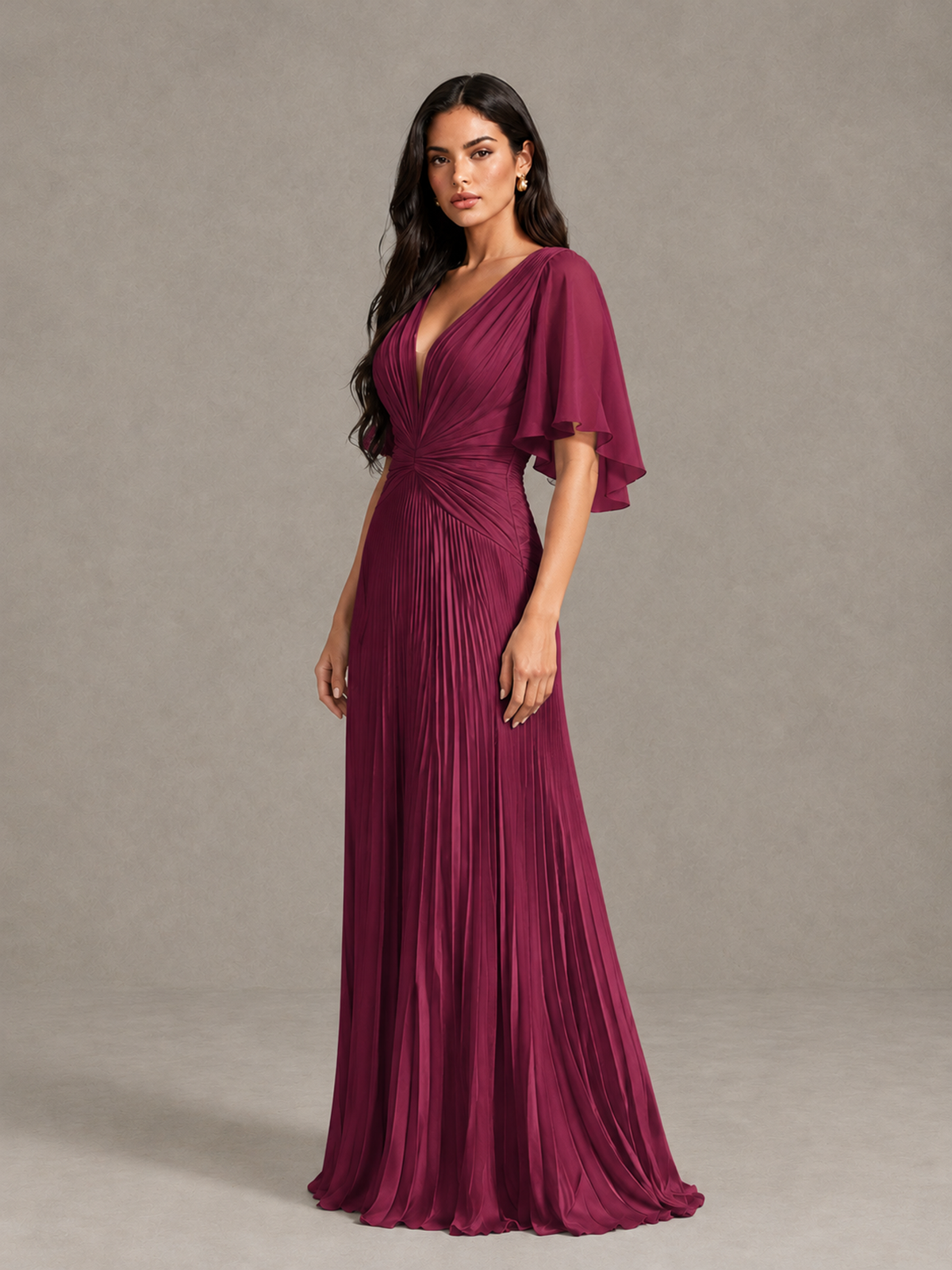 BOLODOO Desert Rose Pleated V-Neck Flutter Sleeve Bridesmaid Dress - Desert Rose - Desert Rose (3)