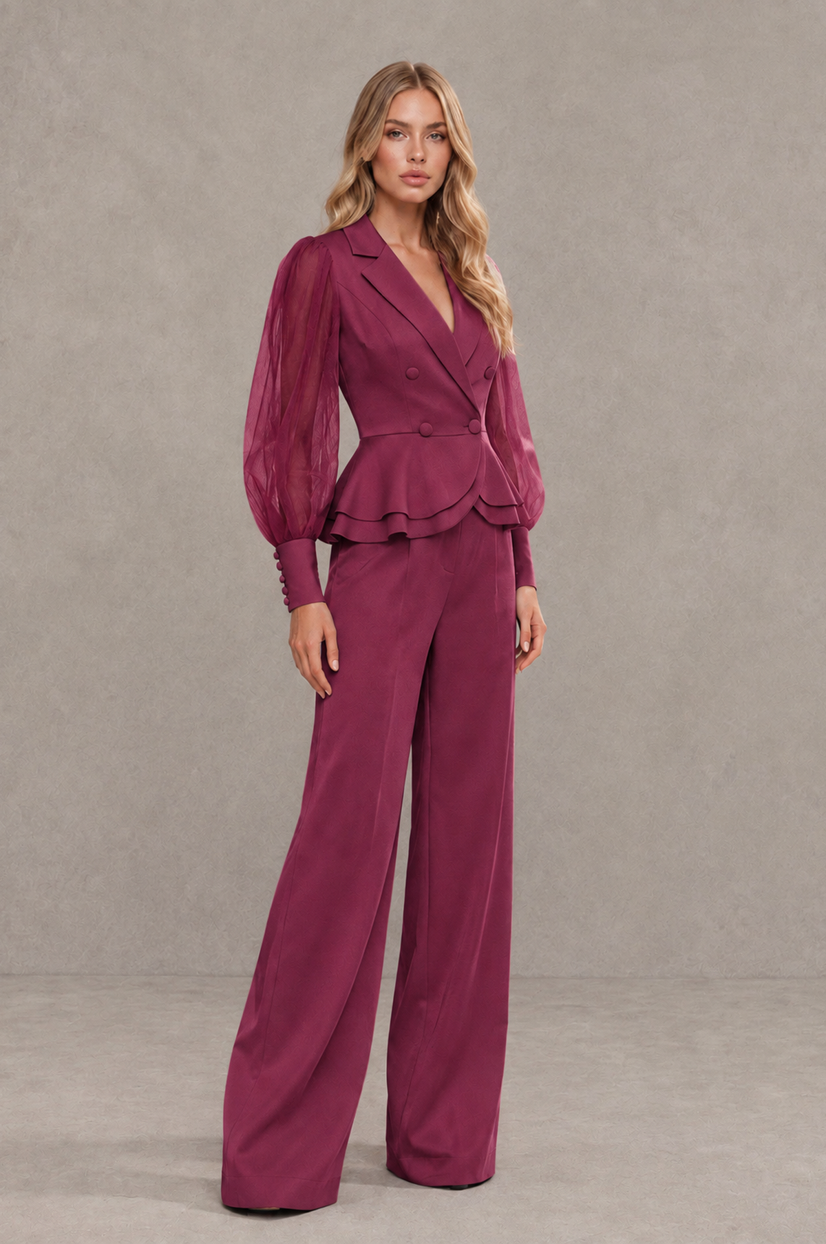 BOLODOO Mint Desert Rose Peplum Blazer Wide-Leg Pantsuit with Sheer Puff Sleeves - Desert Rose