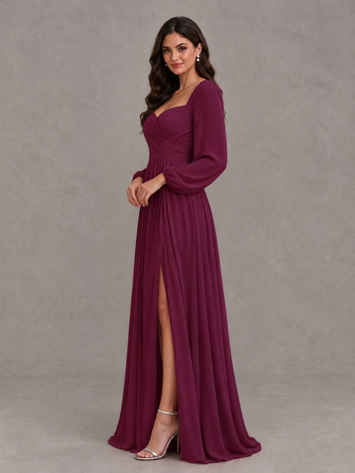 BOLODOO Desert Rose Long Sleeve Chiffon Bridesmaid Dress with Slit - Desert Rose - Desert Rose (3)