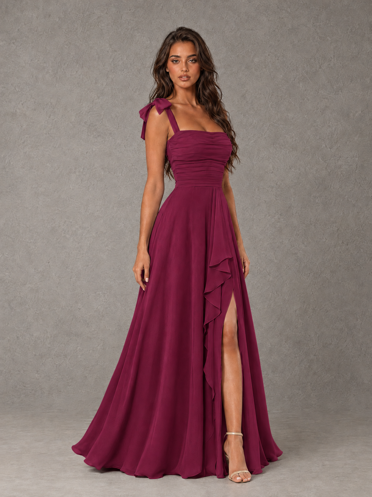 BOLODOO Desert Rose Bow-Strap Bridesmaid Dress with Ruffle Slit - Desert Rose - Desert Rose (3)