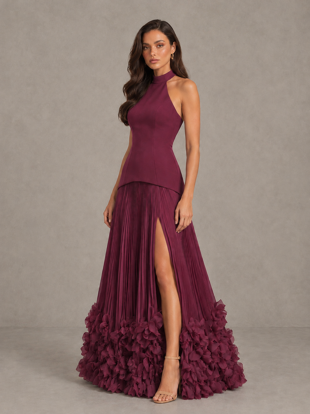BOLODOO Desert Rose Halter Neck Floor-Length Evening Gown with High Slit & 3D Floral Hem - Desert Rose - Desert Rose (3)