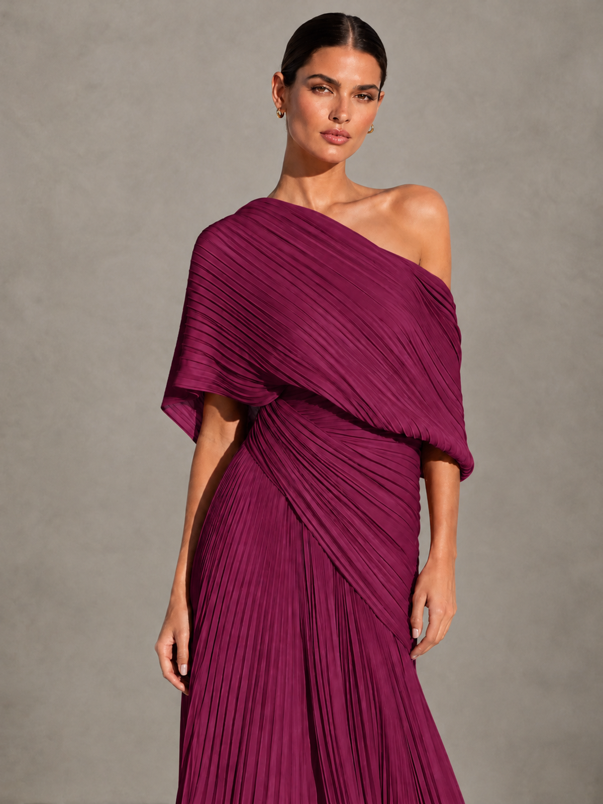 BOLODOO Desert Rose One-Shoulder Pleated Cape Evening Gown with Train - Desert Rose - Desert Rose (3)