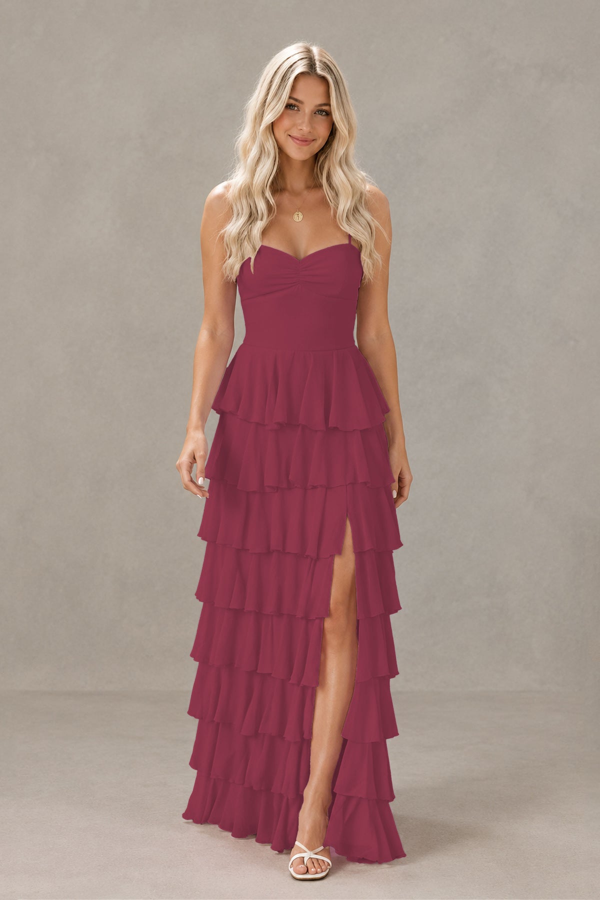 BOLODOO Desert Rose Strapless Tiered Ruffle Maxi Dress with Slit & Lace-Up Back - Desert Rose