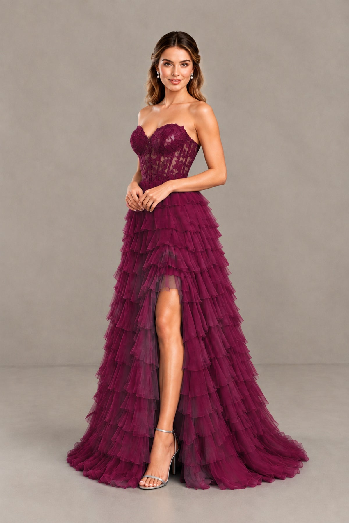 BOLODOO Desert Rose Strapless Lace Corset Tiered Ruffle Prom Dress with Slit - Desert Rose - Desert Rose (4)