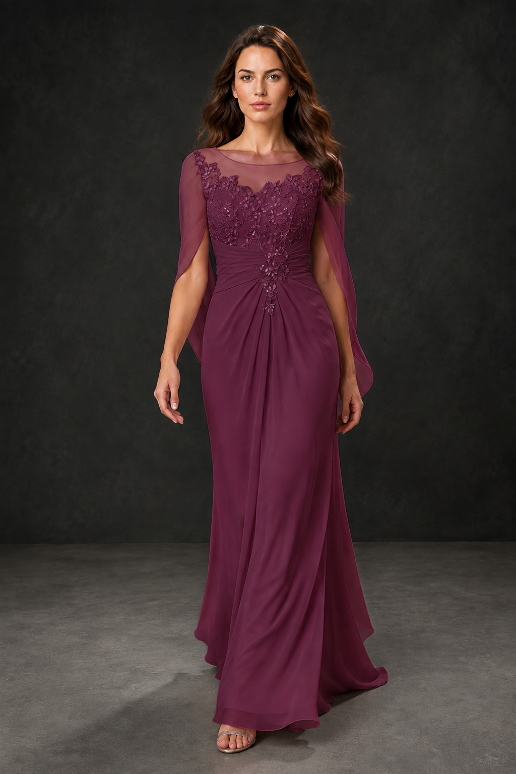 BOLODOO Desert Rose Illusion Lace One-Side Cape Sleeve Beaded Chiffon Floor Length Gown | Mother of the Bride Evening Dress - Desert Rose