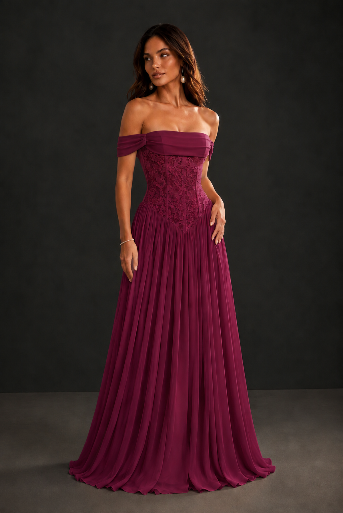 BOLODOO Desert Rose Off-Shoulder Lace Corset Tulle Maxi Dress - Desert Rose