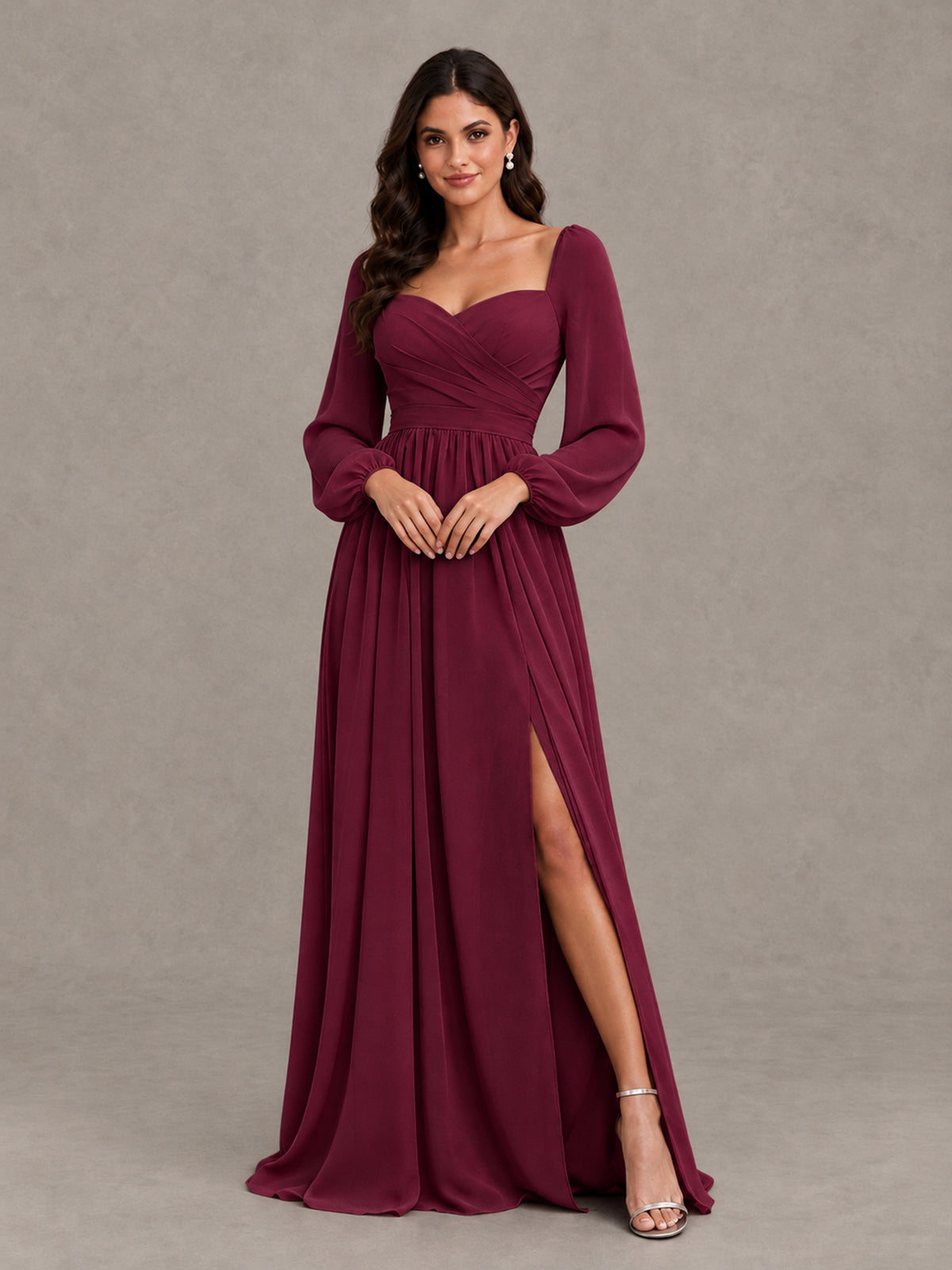 BOLODOO Desert Rose Long Sleeve Chiffon Bridesmaid Dress with Slit - Desert Rose - Desert Rose (4)