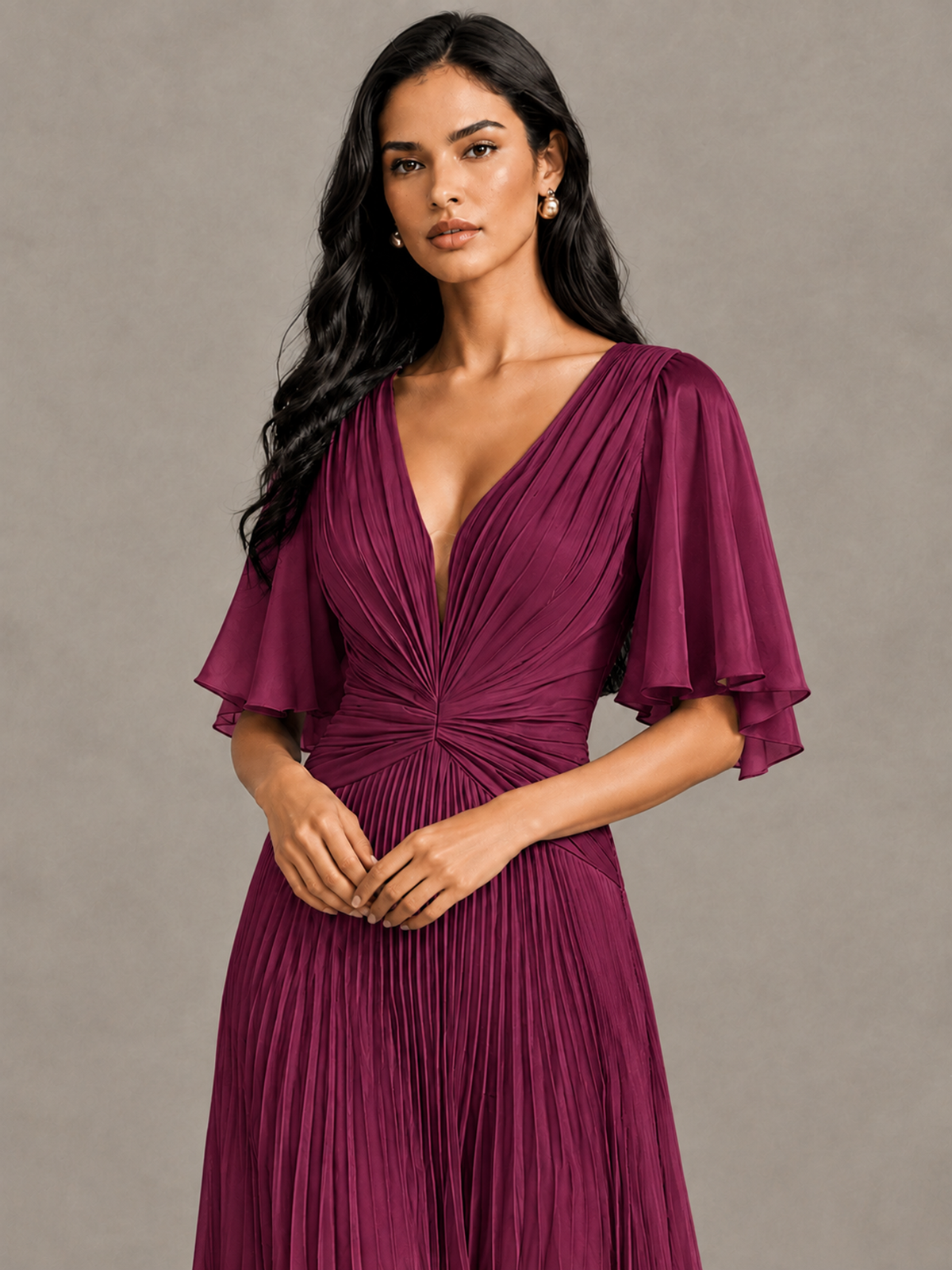 BOLODOO Desert Rose Pleated V-Neck Flutter Sleeve Bridesmaid Dress - Desert Rose - Desert Rose (4)