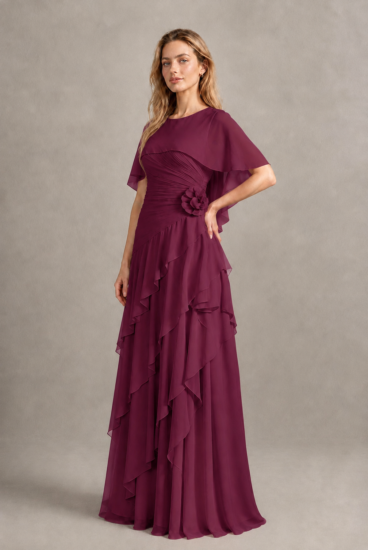 BOLODOO Desert Rose Chiffon Flutter Sleeve Tiered Maxi Dress with 3D Rosette - Desert Rose