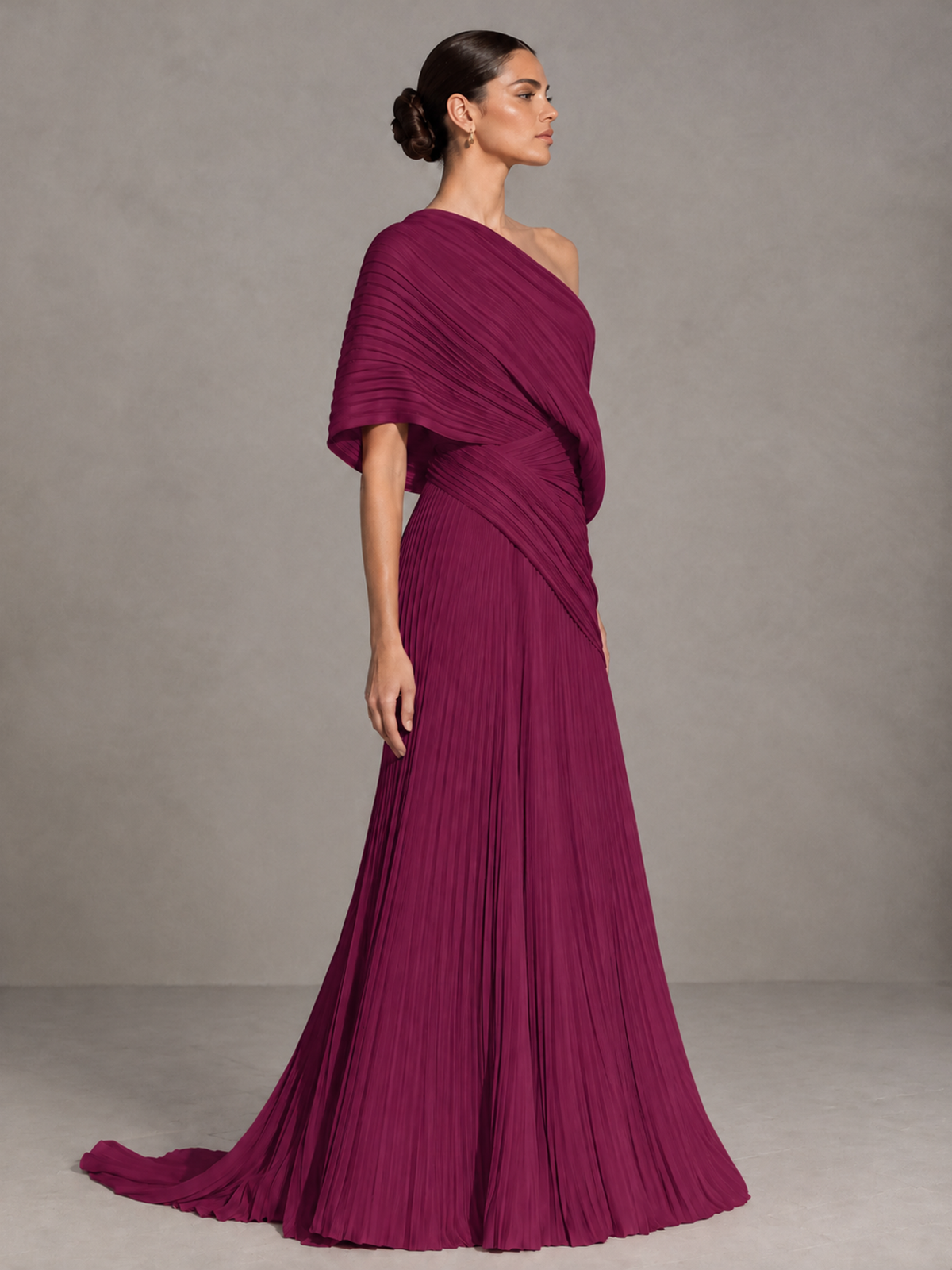 BOLODOO Desert Rose One-Shoulder Pleated Cape Evening Gown with Train - Desert Rose - Desert Rose (4)