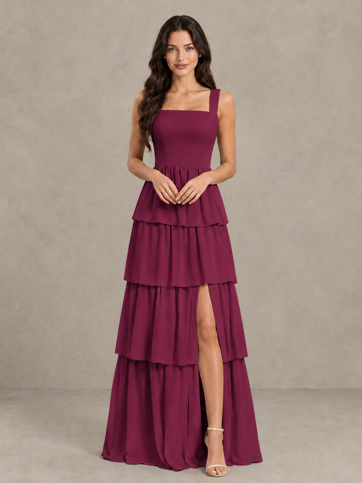 BOLODOO Desert Rose Square Neck Tiered Bridesmaid Dress with Slit - Desert Rose - Desert Rose (4)