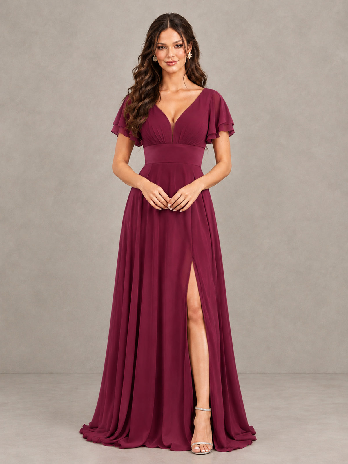 BOLODOO Desert Rose Flutter Sleeve Chiffon A-Line Maxi Bridesmaid Dress with Open Back & Slit - Desert Rose - Desert Rose (4)