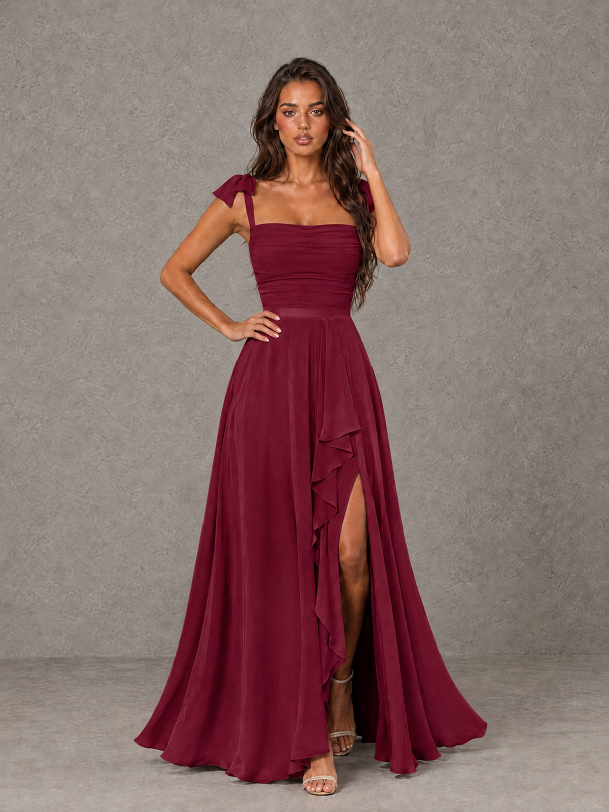 BOLODOO Desert Rose Bow-Strap Bridesmaid Dress with Ruffle Slit - Desert Rose - Desert Rose (4)