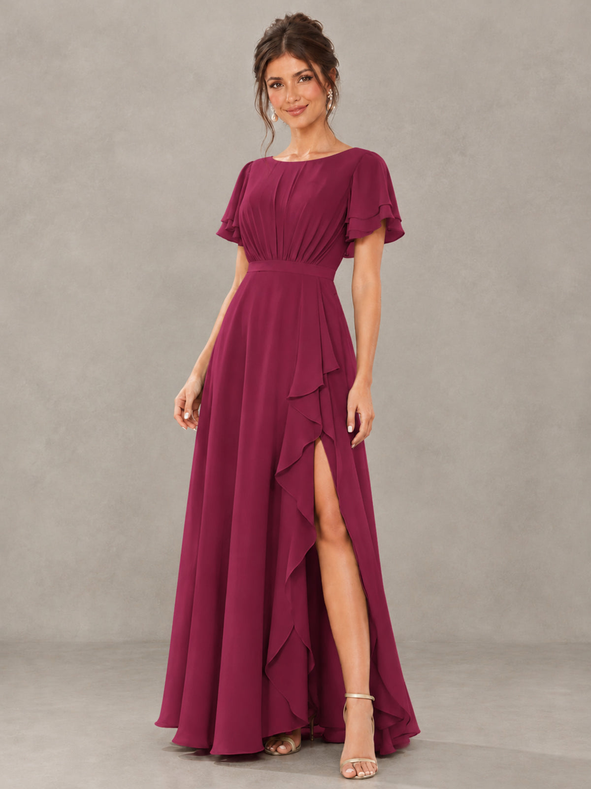 BOLODOO Desert Rose Flutter Sleeve Ruffle Bridesmaid Dress with Slit - Desert Rose - Desert Rose (4)