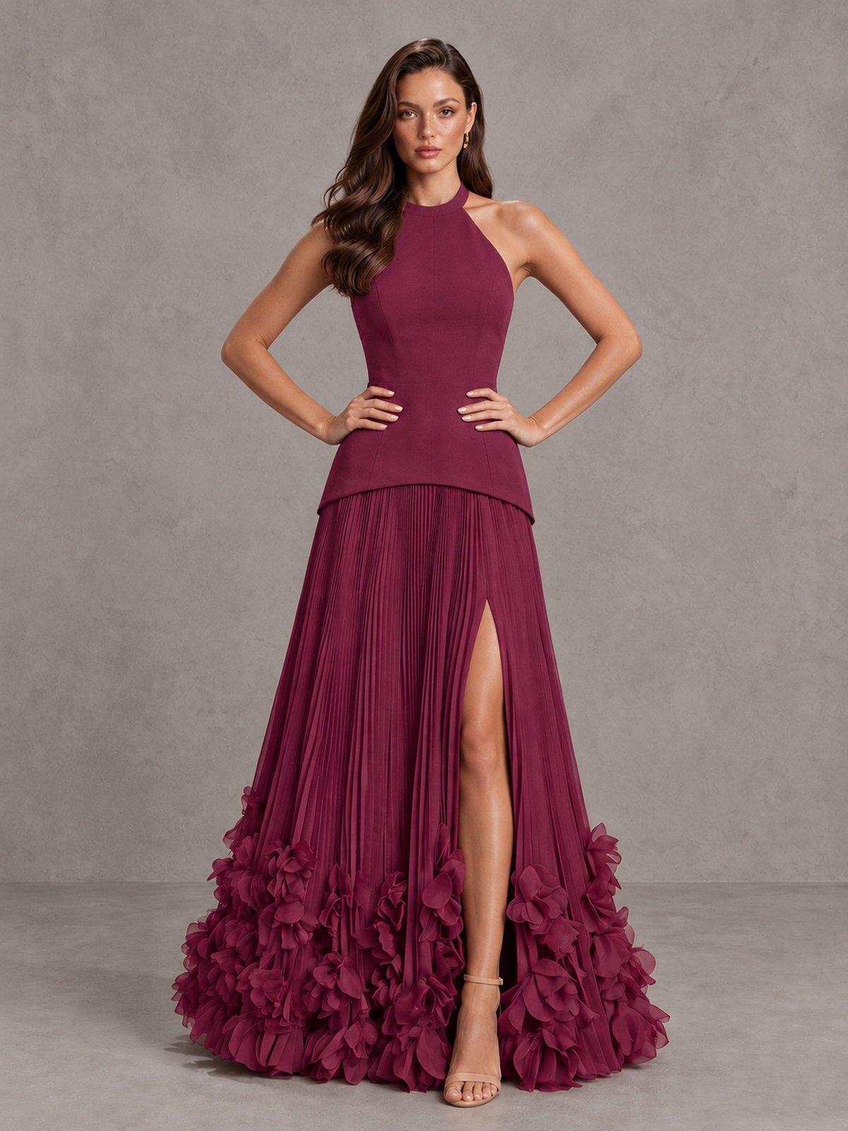 BOLODOO Desert Rose Halter Neck Floor-Length Evening Gown with High Slit & 3D Floral Hem - Desert Rose - Desert Rose (4)