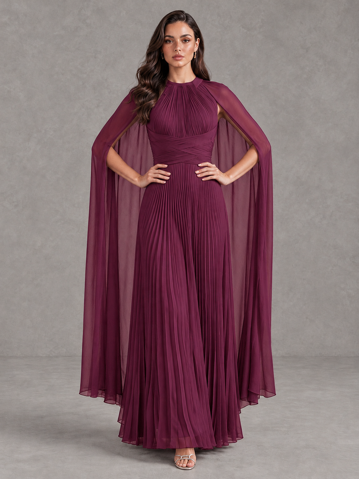 BOLODOO Desert Rose Pleated Cape Maxi Wedding Guest Dress - Desert Rose - Desert Rose (4)