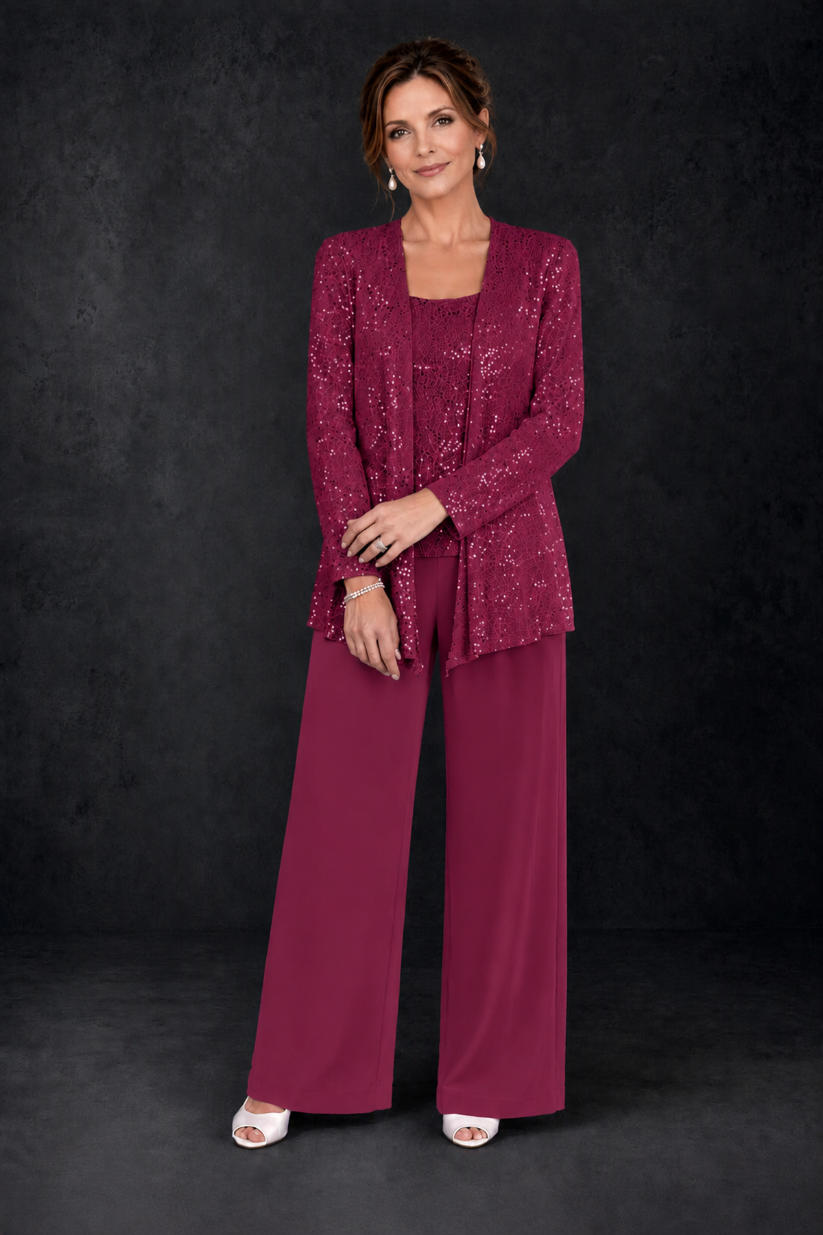 BOLODOO Desert Rose Sequin Lace 3-Piece Pant Suit with Long Sleeve Jacket - Desert Rose - Desert Rose (4)
