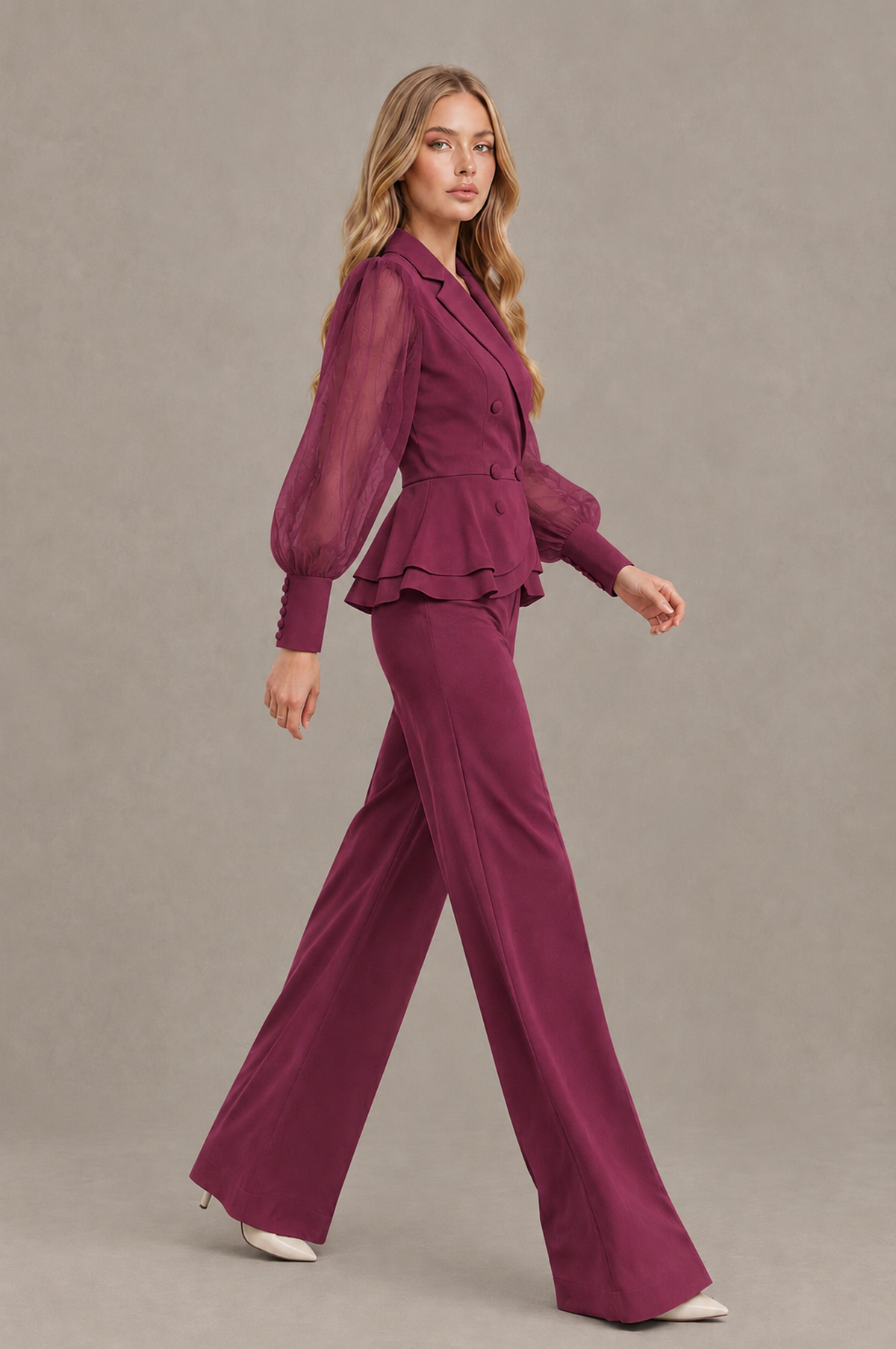 BOLODOO Mint Desert Rose Peplum Blazer Wide-Leg Pantsuit with Sheer Puff Sleeves - Desert Rose