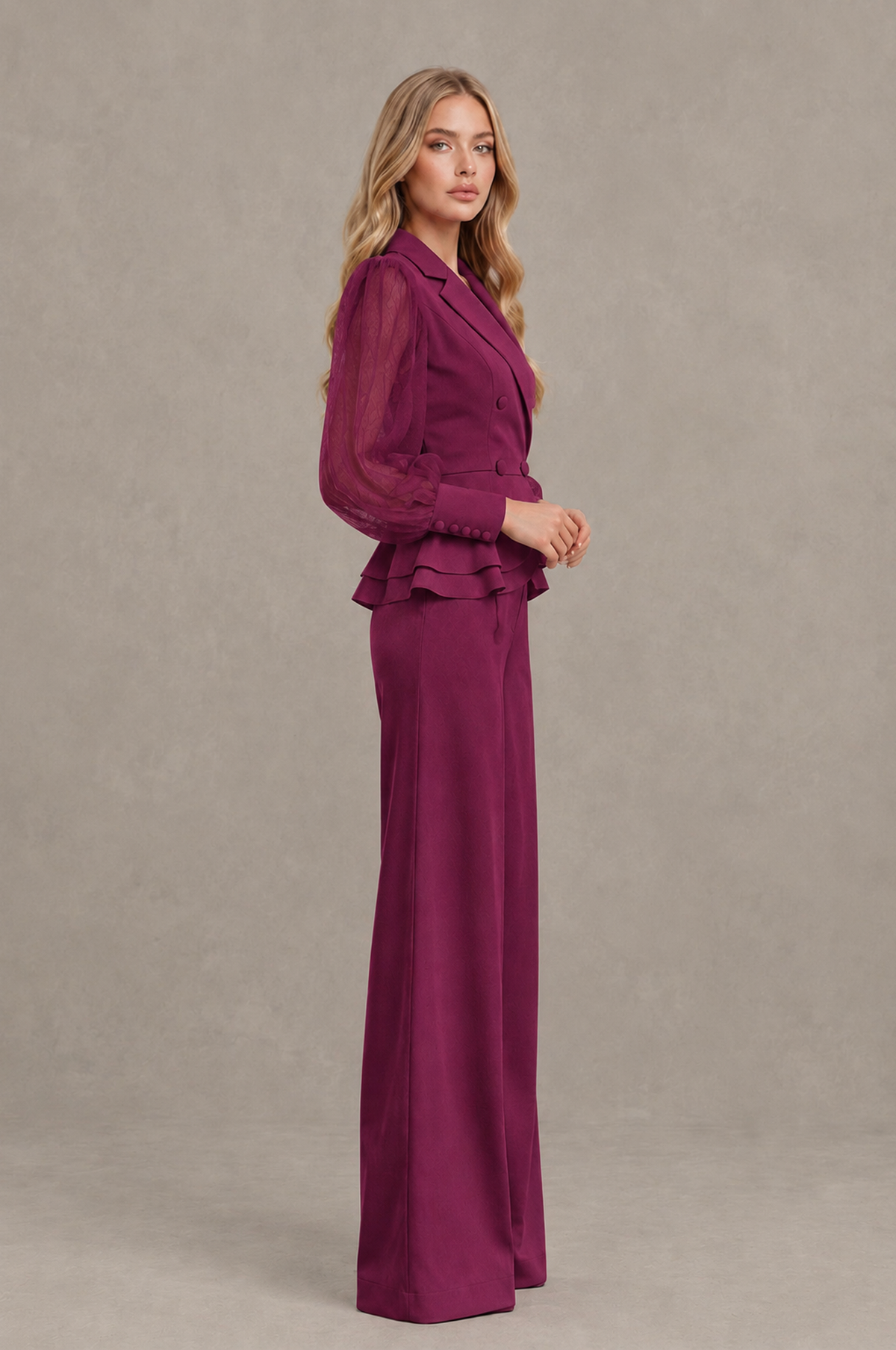 BOLODOO Mint Desert Rose Peplum Blazer Wide-Leg Pantsuit with Sheer Puff Sleeves - Desert Rose