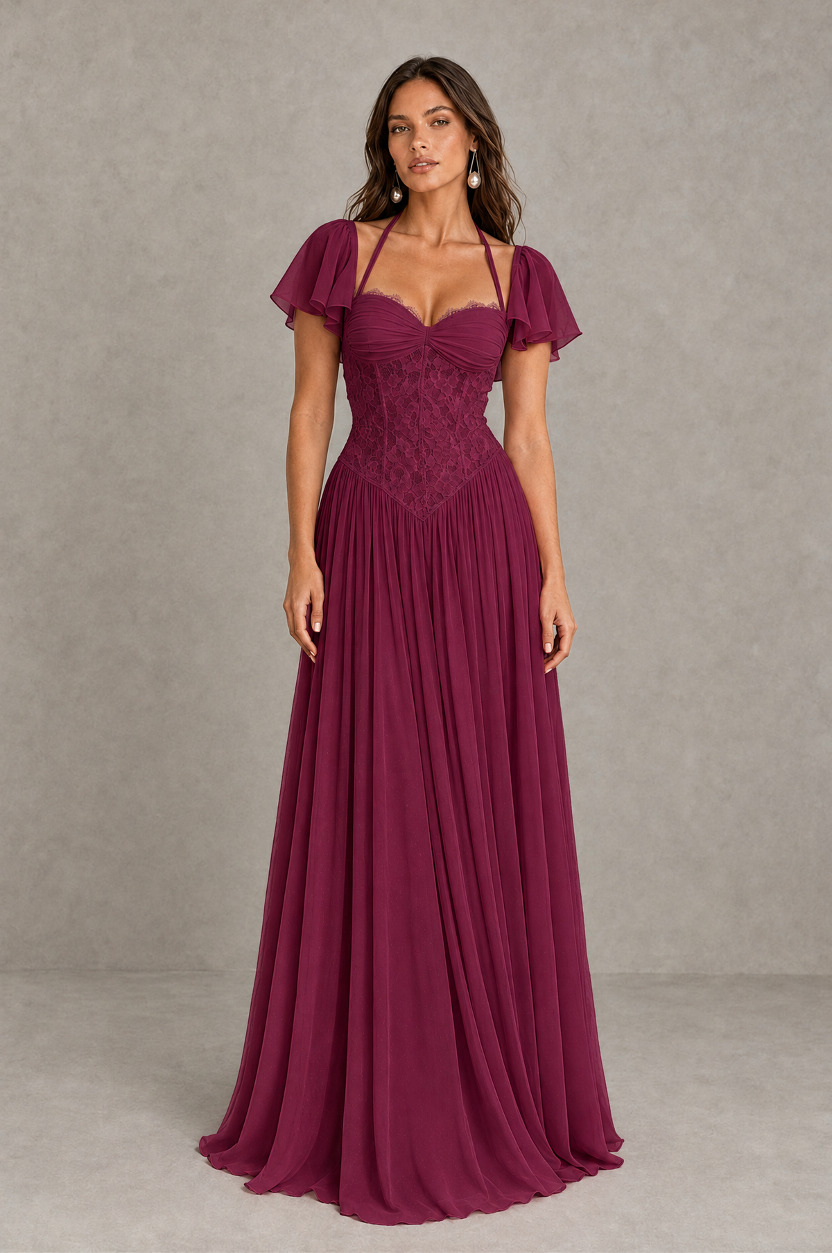 BOLODOO Desert Rose Flutter Sleeve Lace Corset A-Line Maxi Dress 
