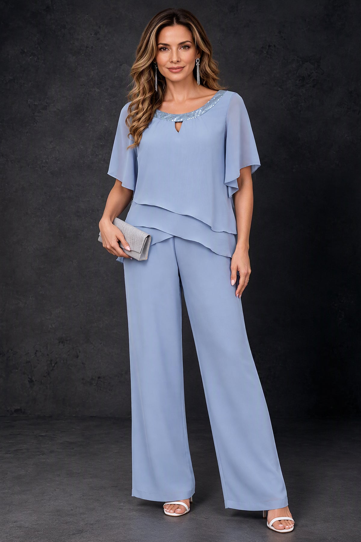 BOLODOO Dusty Blue Layered Chiffon-Look Mother of the Bride Pantsuit 
