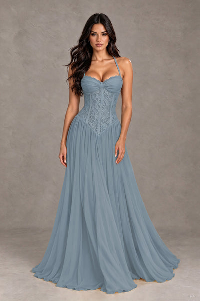 BOLODOO Dusty Blue Lace Corset Halter Maxi Gown – Backless A-Line Formal Dress 