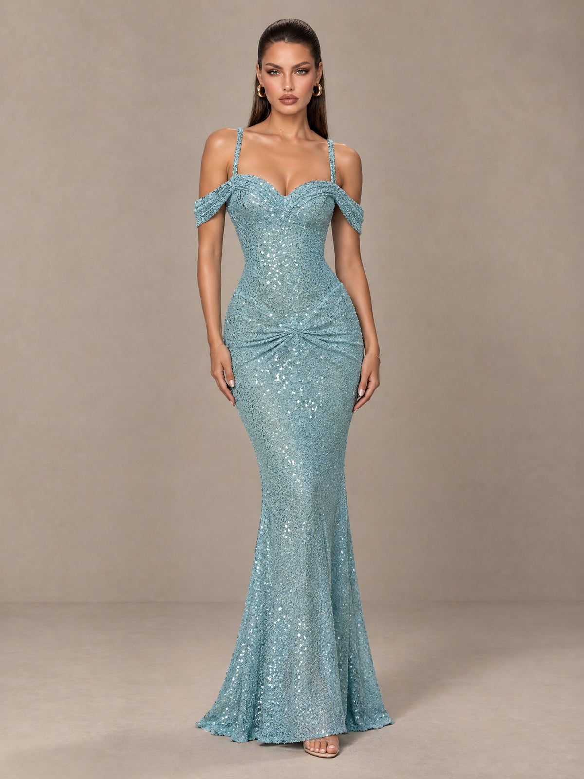 BOLODOO Dusty Blue Sequin Off-Shoulder Mermaid Prom Dress 