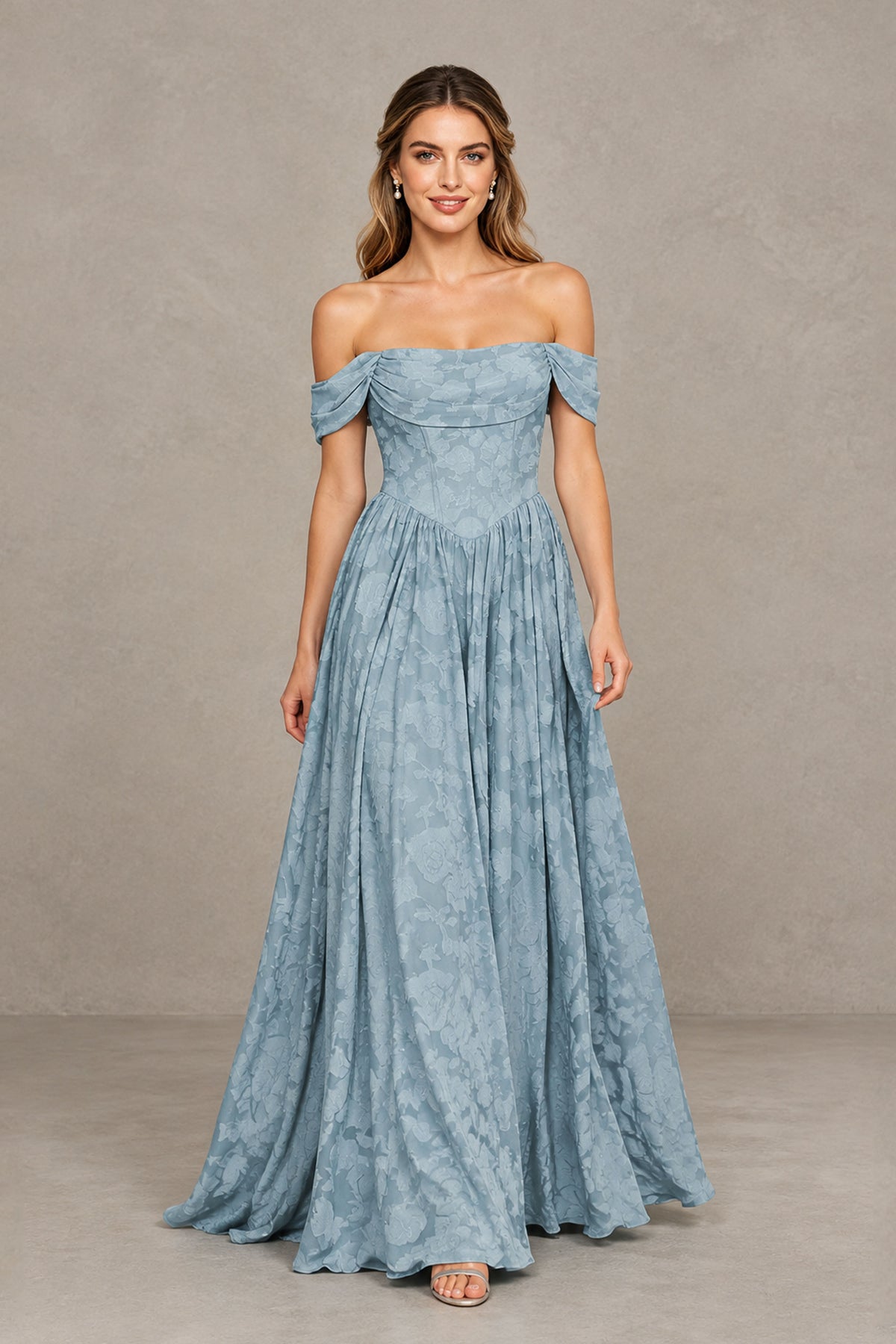 BOLODOO Dusty Blue Off-Shoulder Floral A-Line Maxi Dress 