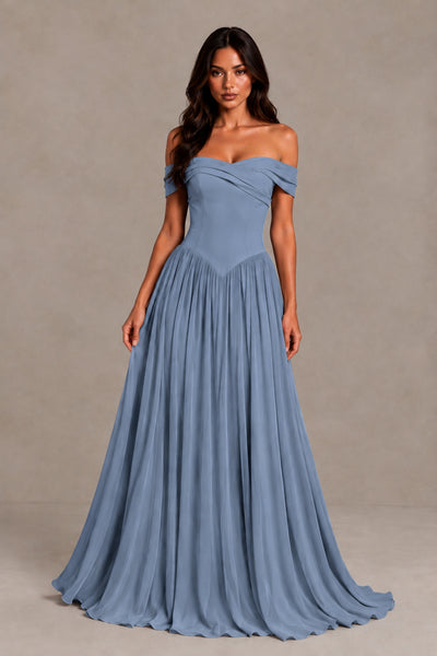 BOLODOO Dusty Blue Off-Shoulder Sweetheart Corset Pleated Chiffon Maxi Dress 