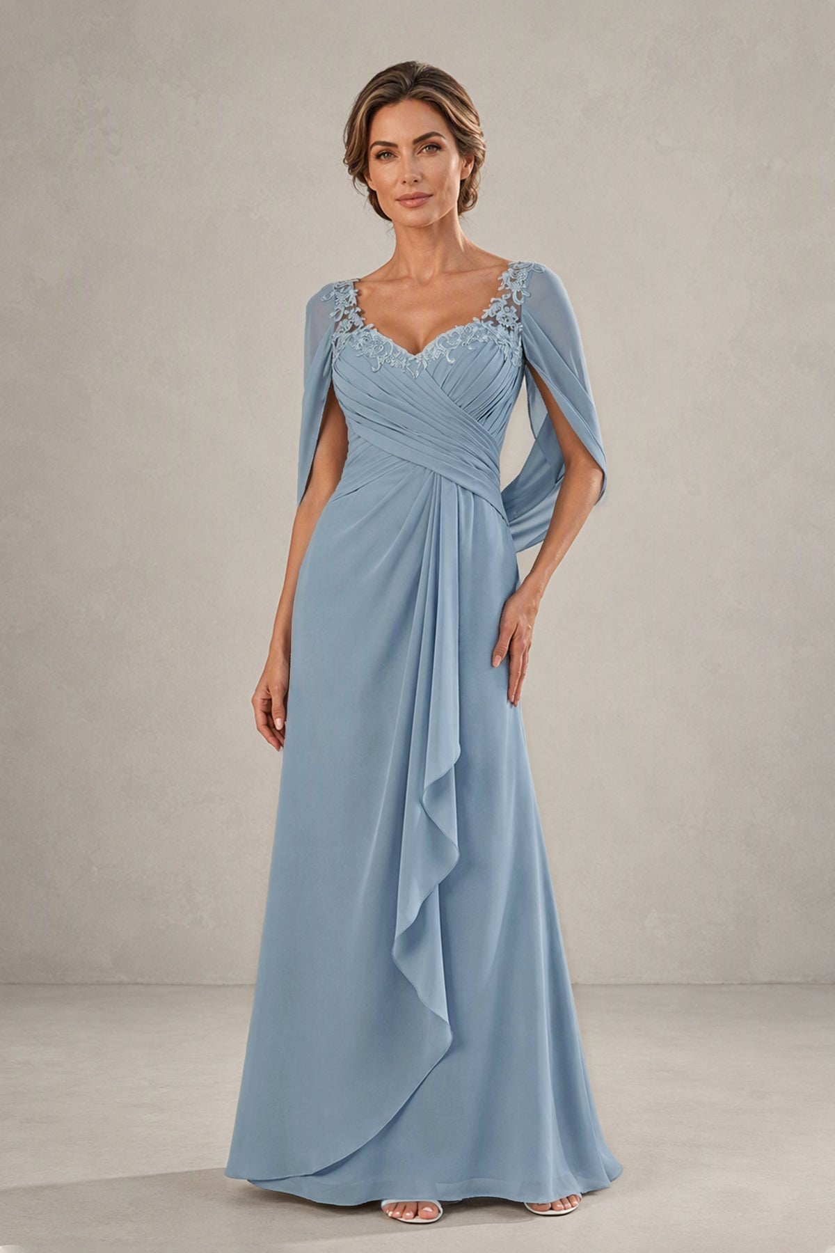BOLODOO Dusty Blue Chiffon V-Neck Lace Applique Cape Sleeve Cascade Ruffle Lace-Up Back Sheath Maxi Evening Dress 