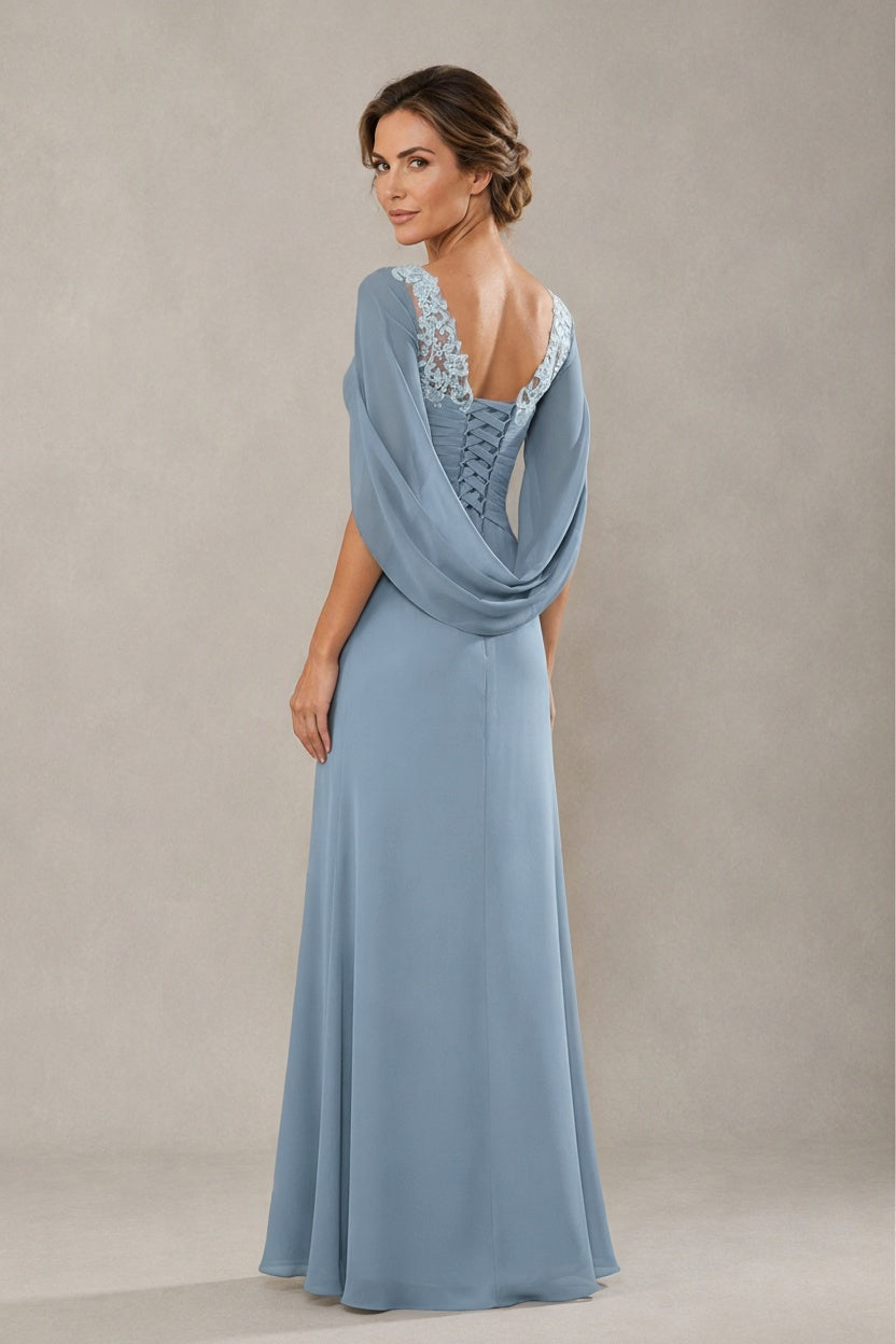 BOLODOO Dusty Blue Chiffon V-Neck Lace Applique Cape Sleeve Cascade Ruffle Lace-Up Back Sheath Maxi Evening Dress 