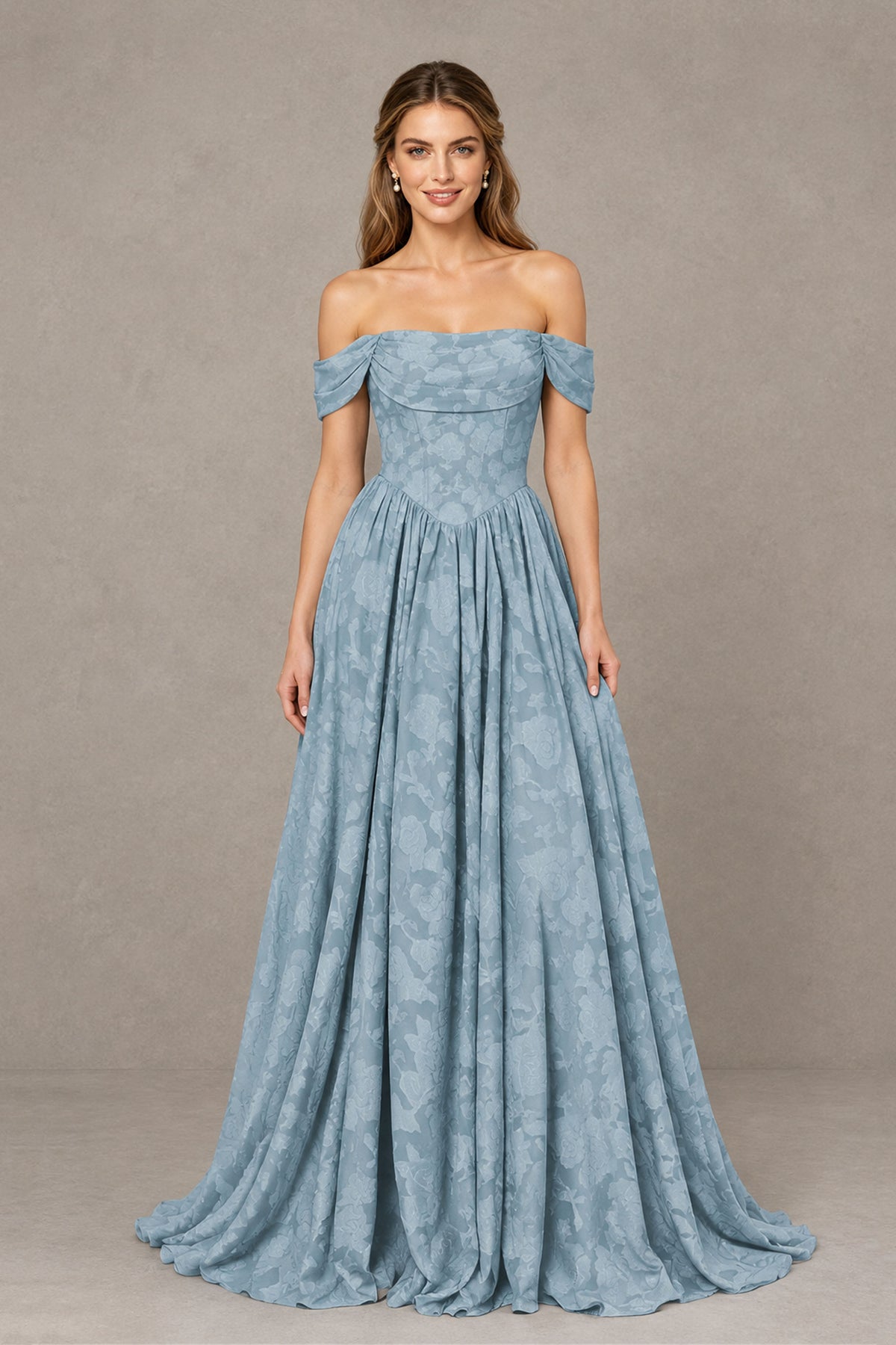 BOLODOO Dusty Blue Off-Shoulder Floral A-Line Maxi Dress 