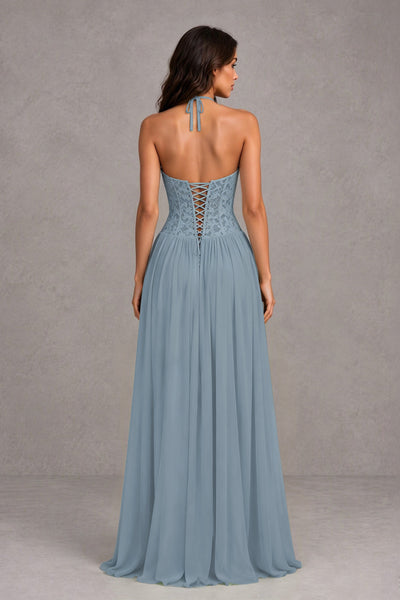 BOLODOO Dusty Blue Lace Corset Halter Maxi Gown – Backless A-Line Formal Dress 