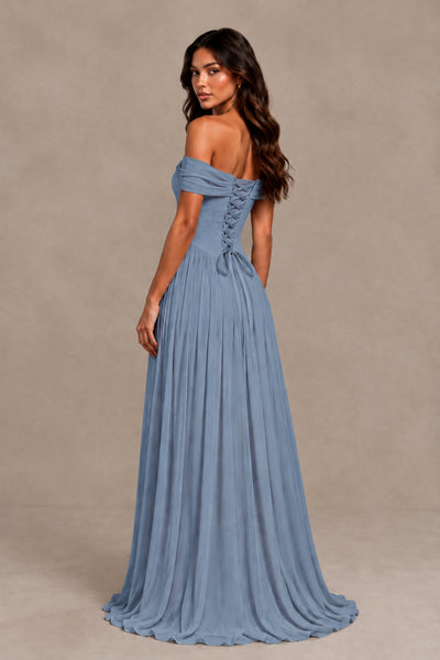 BOLODOO Dusty Blue Off-Shoulder Sweetheart Corset Pleated Chiffon Maxi Dress 