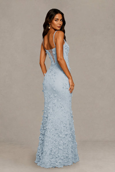 BOLODOO Dusty Blue Sequin 3D Floral Mermaid Maxi Gown – Lace-Up Back Formal Dress 