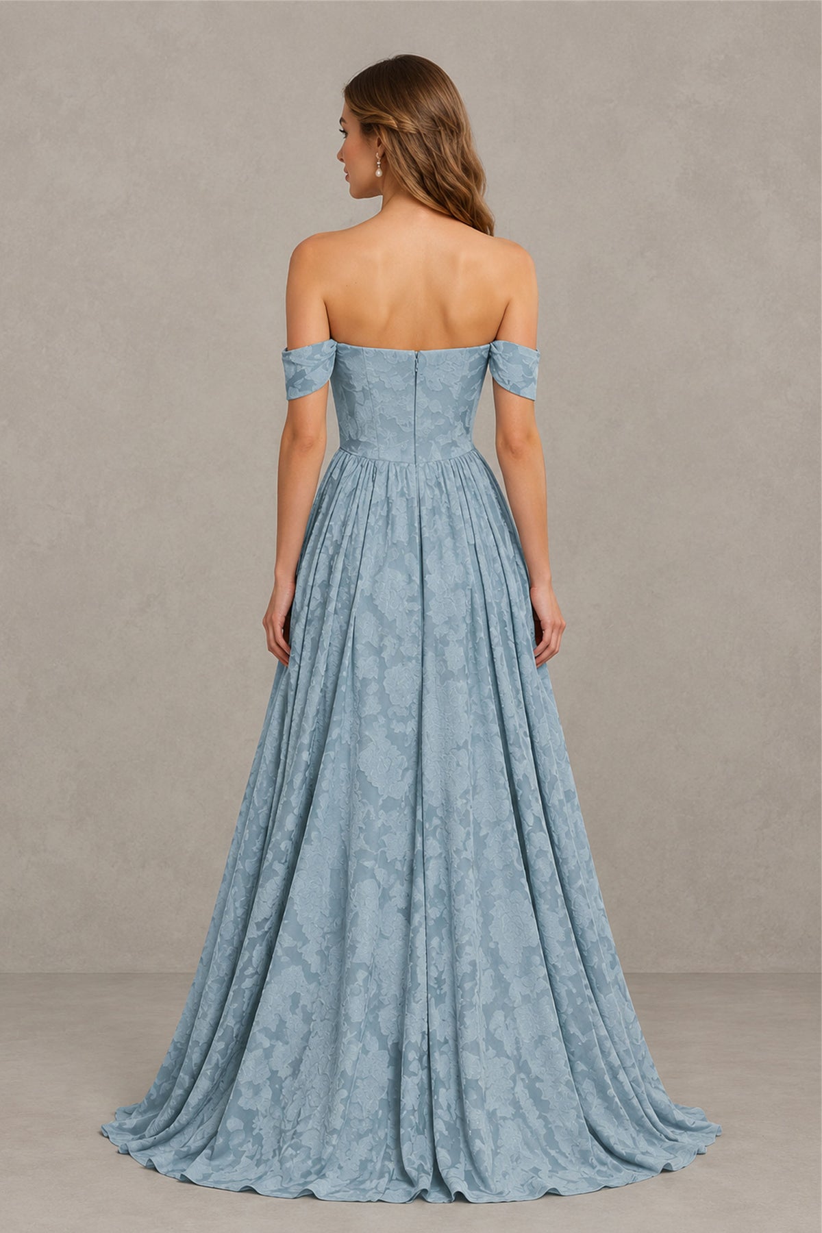 BOLODOO Dusty Blue Off-Shoulder Floral A-Line Maxi Dress 