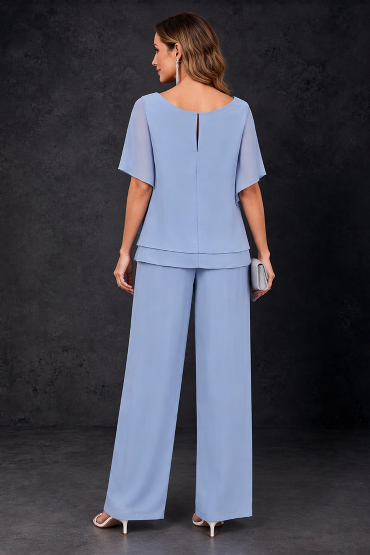 BOLODOO Dusty Blue Layered Chiffon-Look Mother of the Bride Pantsuit 