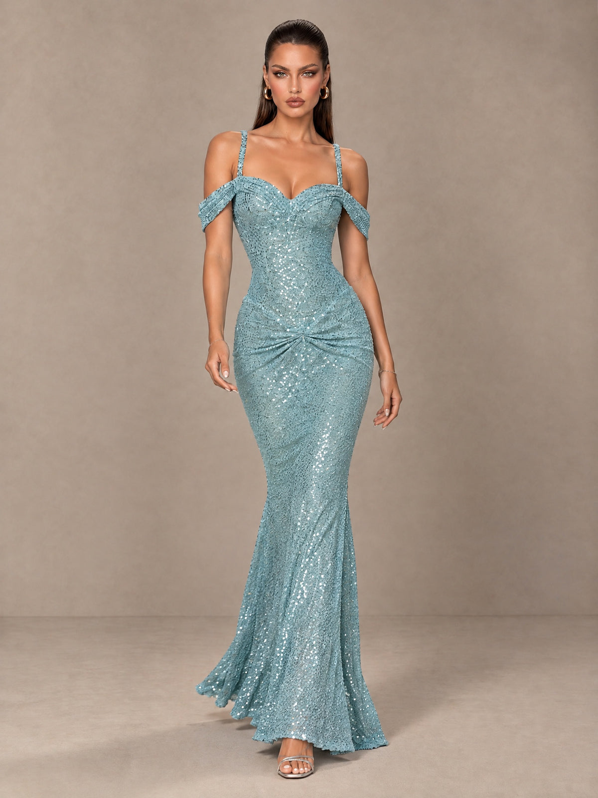 BOLODOO Dusty Blue Sequin Off-Shoulder Mermaid Prom Dress 