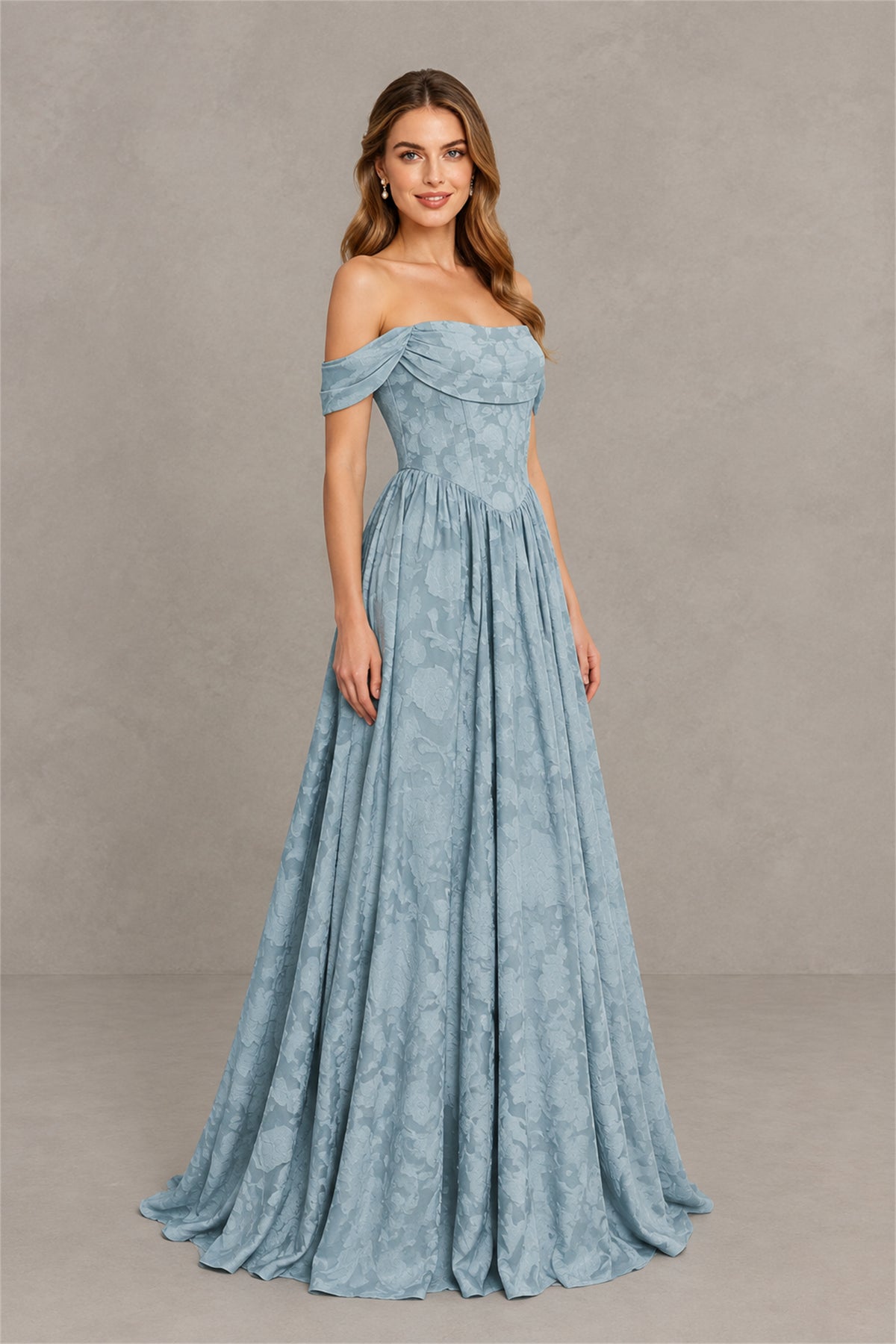 BOLODOO Dusty Blue Off-Shoulder Floral A-Line Maxi Dress 