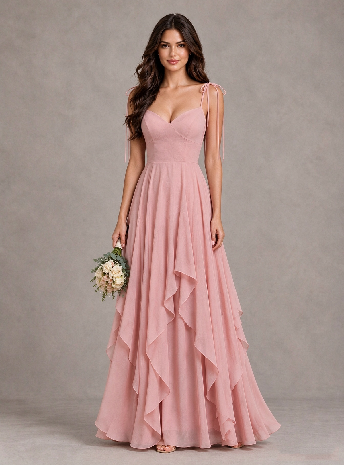 BOLODOO Dusty Rose Tie-Strap Ruffle A-Line Bridesmaid Dress 